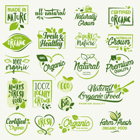 Organic food, farm fresh and natural product signs and elements collection for food market, ecommerce, organic products promotion, healthy life and premium quality food and drink.のイラスト素材