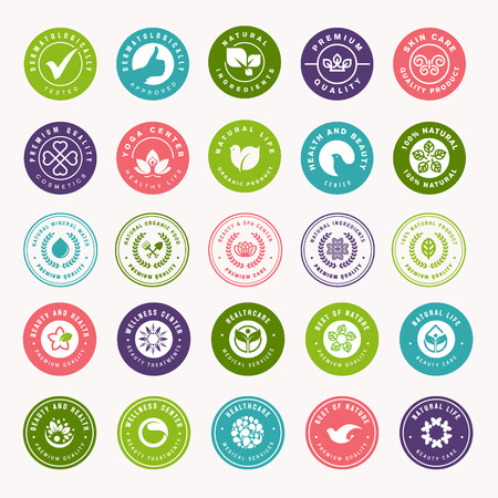 Set of beauty, natural cosmetics and healthcare stickers. Vector illustration concepts for web design, packaging design, promotional material.のイラスト素材