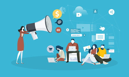 Internet marketing. Flat design people and technology concept. Vector illustration for web banner, business presentation, advertising material.のイラスト素材