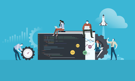 Coding. Flat design people and technology concept for website and app development. Vector illustration for web banner, business presentation, advertising material.のイラスト素材