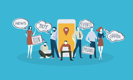 M-commerce. Flat design business people concept. Vector illustration for web banner, business presentation, advertising material.のイラスト素材