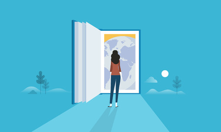 Flat design style web banner for education for all, door to the whole world, global knowledge. Vector illustration concept for web design, marketing, and print material.のイラスト素材