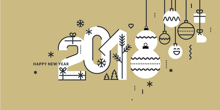 New Year 2018 greeting card. Flat line style vector illustration for greeting cards, website and mobile banners, marketing material.のイラスト素材