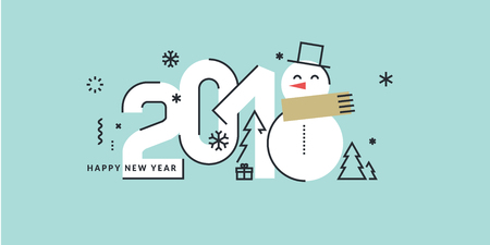 New Year 2018 flat line style greeting card. Vector illustration template for greeting cards, website and mobile banners, marketing material.のイラスト素材