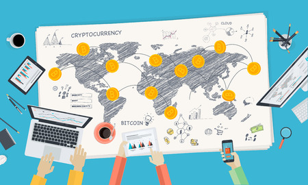 Bitcoin market. Flat design style web banner of blockchain technology, bitcoin, altcoins, cryptocurrency mining, finance, digital money market, cryptocoin wallet, crypto exchange.のイラスト素材