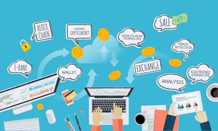 Blockchain technology on Flat design style web banner of blockchain technology.のイラスト素材