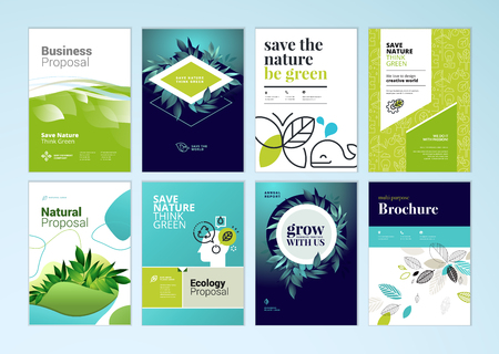 Set of brochure and annual report cover design templates on the subject of nature, environment and organic products. Vector illustrations for flyer layout, marketing material, magazines, presentationsのイラスト素材
