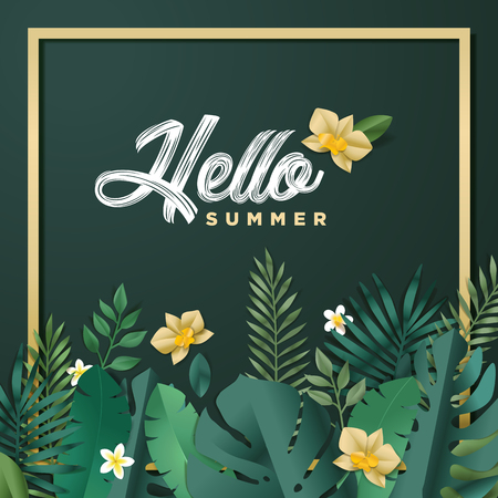 Hello summer vector illustration for background, mobile and social media banner, summertime card, party invitation template. Lettering summer concept with natural elements.のイラスト素材