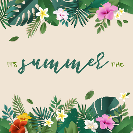 Summer vector illustration concept for background, web and social media banner, summertime card, party invitation template. Lettering summer concept with natural elements.のイラスト素材