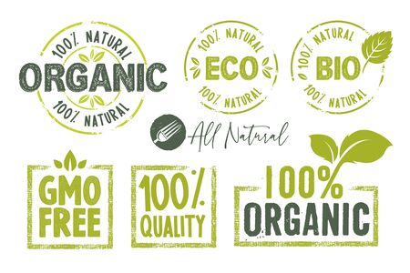 Organic food, farm fresh and natural products stickers and badges collection.のイラスト素材