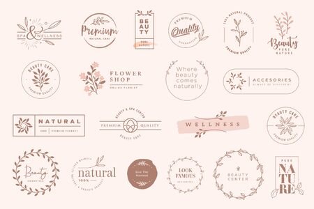 Set of vintage labels and badges for beauty, natural and organic products, cosmetics, spa and wellness, fashion.のイラスト素材