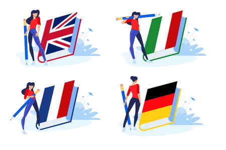 Language school and courses. Vector illustrations of woman in different poses with pencil and a book...