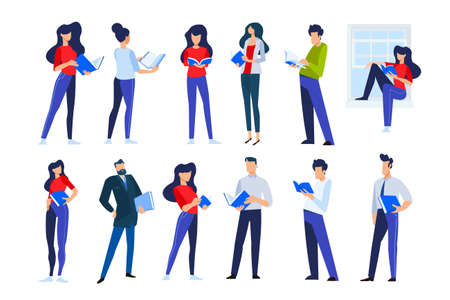 Vector illustrations of people in different poses read a book. Concepts for graphic and web design, marketing material, business presentation templates, education, book store and library, e-book.のイラスト素材