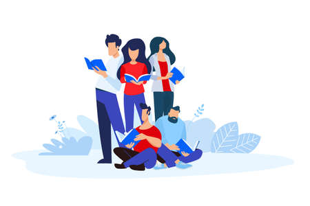 Improve your knowledge and business skills. Vector illustrations of people in different poses read a book. Concepts for graphic and web design, education, training and courses.のイラスト素材
