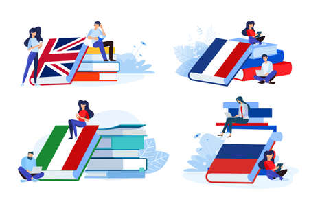 Online language school and courses. Vector illustrations of people in different poses with books for learning a foreign language. Concepts for graphic and web design, marketing material.のイラスト素材
