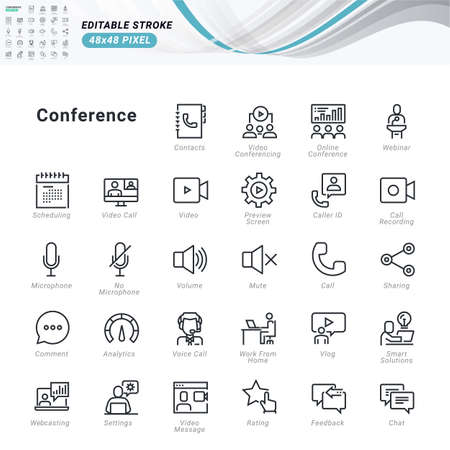 Thin line icons set of conference call and video meeting. Premium quality outline symbols, editable stroke. Pixel perfect. Vector illustrations for website and app development, business presentation.のイラスト素材