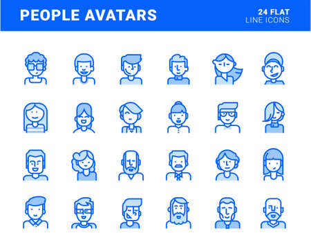 Set of flat line avatar icons. Vector concepts for social media, user profile, website and app design and development.のイラスト素材