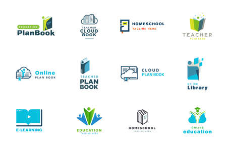 Set of logo design templates. Vector illustrations on the topic of education, e-learning, e-book, distance education, cloud, school.のイラスト素材
