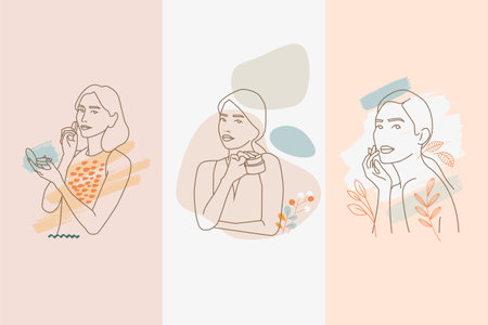 Set of modern line woman concepts for beauty, cosmetics, healthcare, fashion. Vector illustrations for graphic and web design, marketing material, product presentation, social media, textile design.のイラスト素材