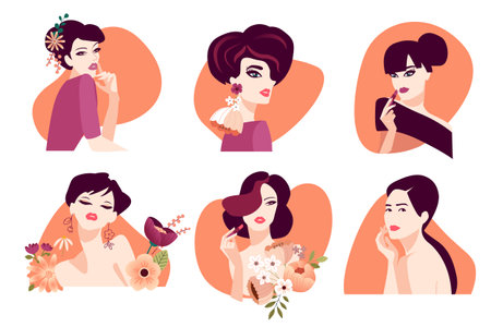 Set of woman illustration concepts for beauty, cosmetics, healthcare, fashion. Flat design vector for graphic and web design, marketing material, product presentation, social media, textile design.のイラスト素材