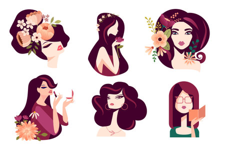 Set of woman illustration concepts for beauty, cosmetics, fashion. Flat design vector for graphic and web design, marketing material, social media, textile design.のイラスト素材