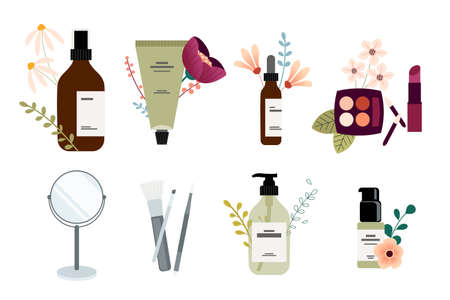 Set of packaging and accessories for natural beauty products, cosmetics, makeup. Vector illustrations for graphic and web design, marketing material, product presentation, social media.のイラスト素材
