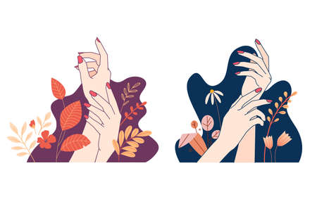 Set of hands illustration concepts for beauty, cosmetics, healthcare, manicure, pedicure, skin care. Vector elements for graphic and web design, marketing material, product presentation, social media.のイラスト素材