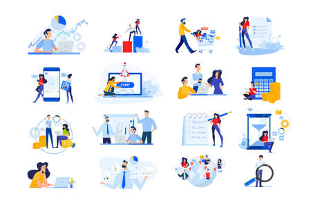 Set of modern flat design people icons. Vector illustration concepts of startup, time management, social network, e-commerce, data analytics, market research, business presentation, finance, marketingのイラスト素材
