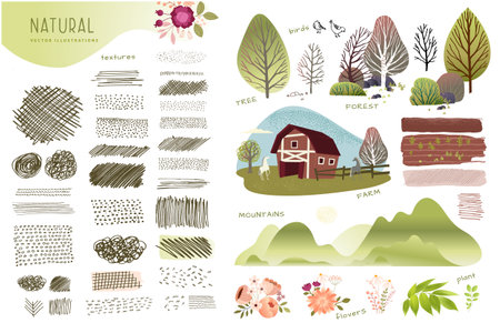 Nature, farming, agriculture set of graphic elements. Set of natural vector illustrations and textures on the topic of agriculture, countryside, natural landscapes, rural life, landscaping architecturのイラスト素材