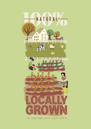 Organic farming, agriculture and gardening. Vector illustration for poster, brochure cover, background, business presentation, marketing material for food market and restaurants.のイラスト素材