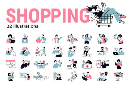 Shopping concept illustrations. Set of illustrations of men and women in various activities of online shopping, ecommerce, sale, product order and delivery. Modern vector for graphic and web design.のイラスト素材