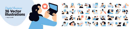 Set of digital business people illustrations. Flat design vector illustrations of online business, startup, management, project development, communication, social media.のイラスト素材