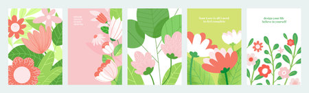 Set of natural and floral vector illustrations for beauty and fashion, greeting card, invitation card for wedding, web and social media banner, brochure cover, marketing material.のイラスト素材