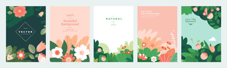 Set of natural and floral vector illustrations for beauty and fashion, greeting card, invitation card for wedding, web and social media banner, brochure cover, marketing material.のイラスト素材