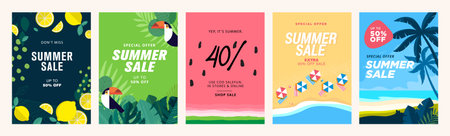 Summer sale banners and posters. Set of vector illustrations for web and social media banners, print material, newsletter designs, coupons, marketing.のイラスト素材