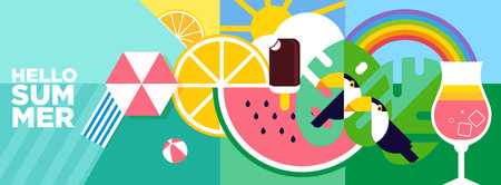 Hello Summer. Vector illustration for web design, background, social media banner, travel and holiday ads, sale promotion, poster, marketing material, summer card, party invitationのイラスト素材