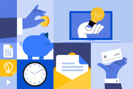 Business creative illustrations. Set of vector concepts of finance, banking, management. Illustrations for web banner, social media, business presentation, marketing material.のイラスト素材