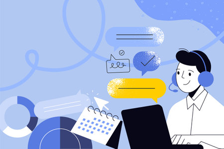 Business creative illustration. Vector concept of communication, support, call center. Illustration for web banner, social media, business presentation, marketing material.のイラスト素材
