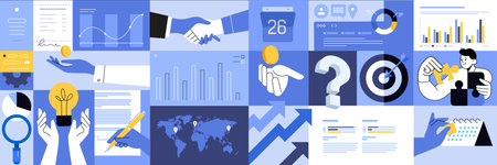 Business creative illustrations. Set of vector concepts of business management, planning and strategy, marketing and consulting. Illustrations for web banner, social media, businesのイラスト素材
