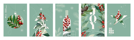 Merry Christmas and Happy New Year. Set of vector illustrations for background, greeting card, party invitation card, website banner, social media banner, marketing material.のイラスト素材