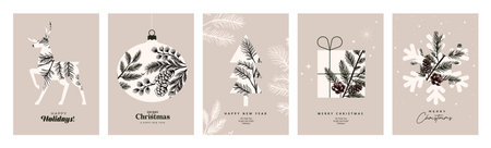 Set of Christmas and New Year greeting cards. Vector illustration concepts for graphic and web design, social media banner, marketing material.のイラスト素材