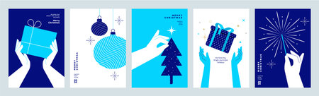 Set of Christmas and New Year business greeting cards. Vector illustration concepts for graphic and web design, social media banner, marketing material.のイラスト素材