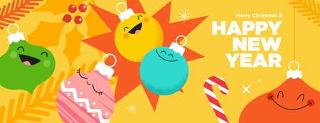 Merry Christmas and Happy New Year. Vector illustration for greeting card, party invitation card, website banner, social media banner, marketing material.のイラスト素材