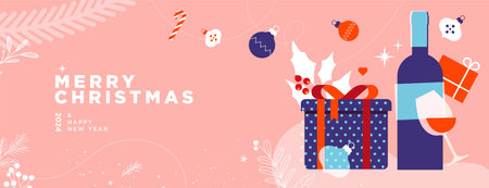 Merry Christmas and Happy New Year. Vector illustration for greeting card, party invitation card, website banner, social media banner, marketing material.のイラスト素材