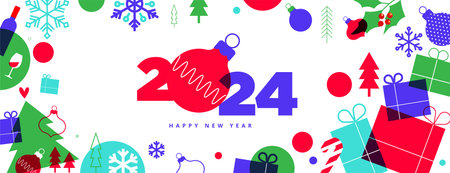 Merry Christmas and Happy New Year. Vector illustration for greeting card, party invitation card, website banner, social media banner, marketing material.のイラスト素材