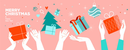 Merry Christmas and Happy New Year. Vector illustration for greeting card, party invitation card, website banner, social media banner, marketing material.のイラスト素材