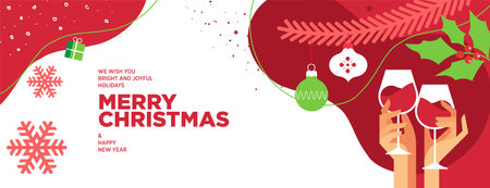 Merry Christmas and Happy New Year. Vector illustration for greeting card, party invitation card, website banner, social media banner, marketing material.n.のイラスト素材