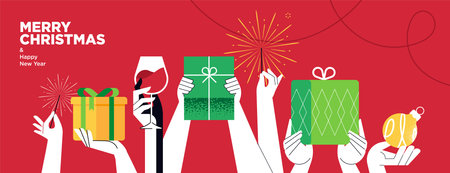 Merry Christmas and Happy New Year. Vector illustration for greeting card, party invitation card, website banner, social media banner, marketing material.のイラスト素材