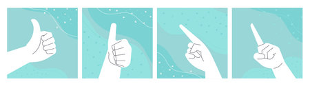 Hand gestures. Vector illustrations of communication, expression of opinion, social network signs. Concepts for graphic and web design, social media banner, business, marketing.のイラスト素材