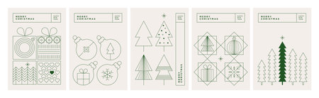 Merry Christmas and Happy New Year. Line design vector illustrations for greeting card, party invitation card, website banner, social media banner, marketing material.のイラスト素材